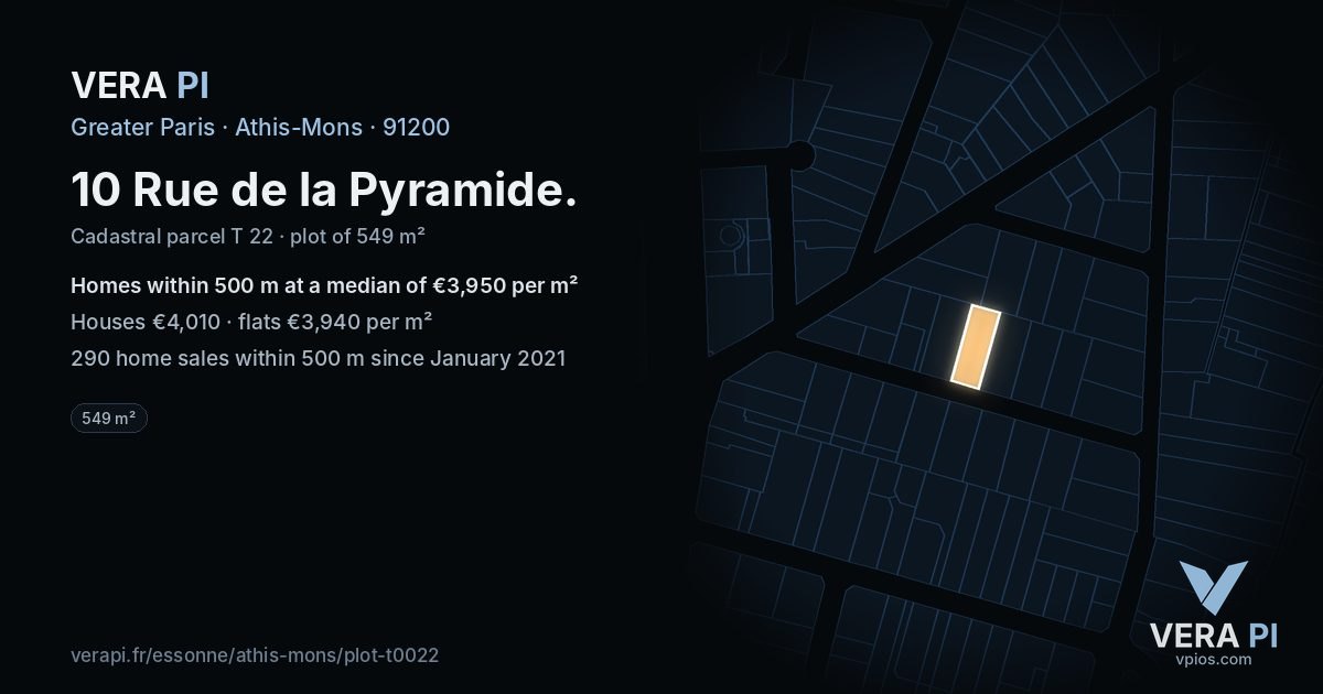 10 Rue de la Pyramide, Athis-Mons at night – the plot lit, the parcels around coloured by the prices near them