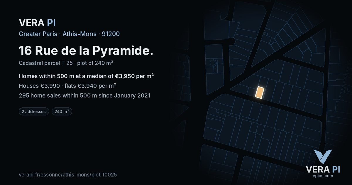 16 Rue de la Pyramide, Athis-Mons at night – the plot lit, the parcels around coloured by the prices near them