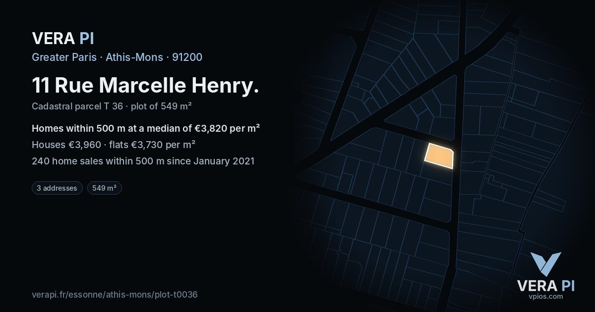 11 Rue Marcelle Henry, Athis-Mons at night – the plot lit, the parcels around coloured by the prices near them