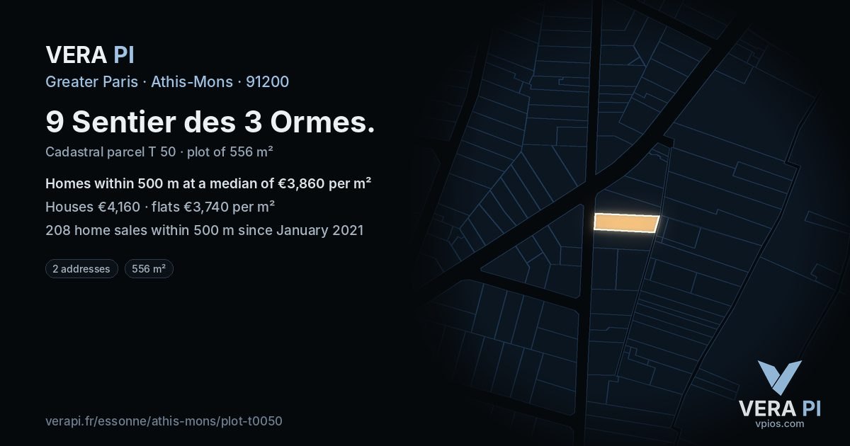 9 Sentier des 3 Ormes, Athis-Mons at night – the plot lit, the parcels around coloured by the prices near them