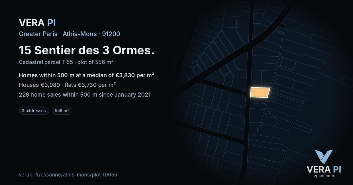 15 Sentier des 3 Ormes, Athis-Mons at night – the plot lit, the parcels around coloured by the prices near them