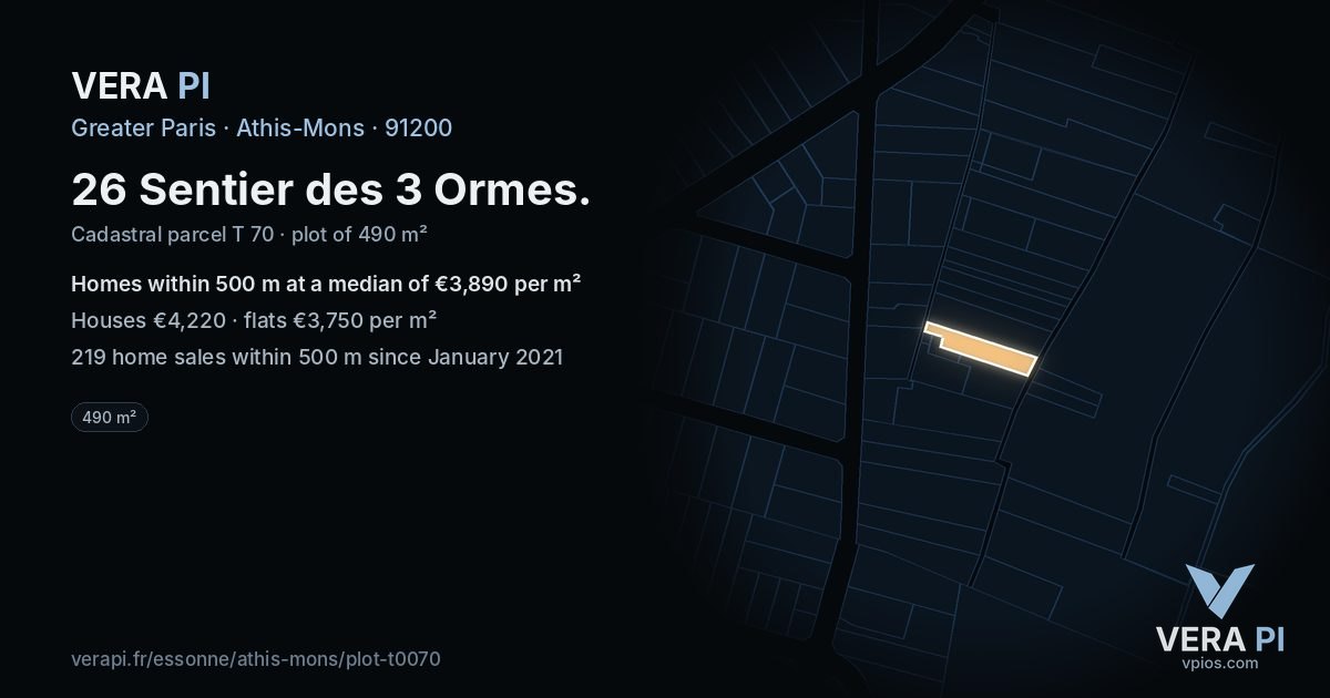 26 Sentier des 3 Ormes, Athis-Mons at night – the plot lit, the parcels around coloured by the prices near them