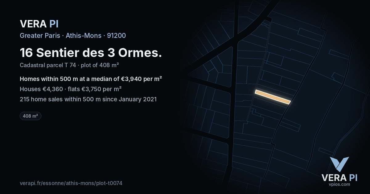 16 Sentier des 3 Ormes, Athis-Mons at night – the plot lit, the parcels around coloured by the prices near them