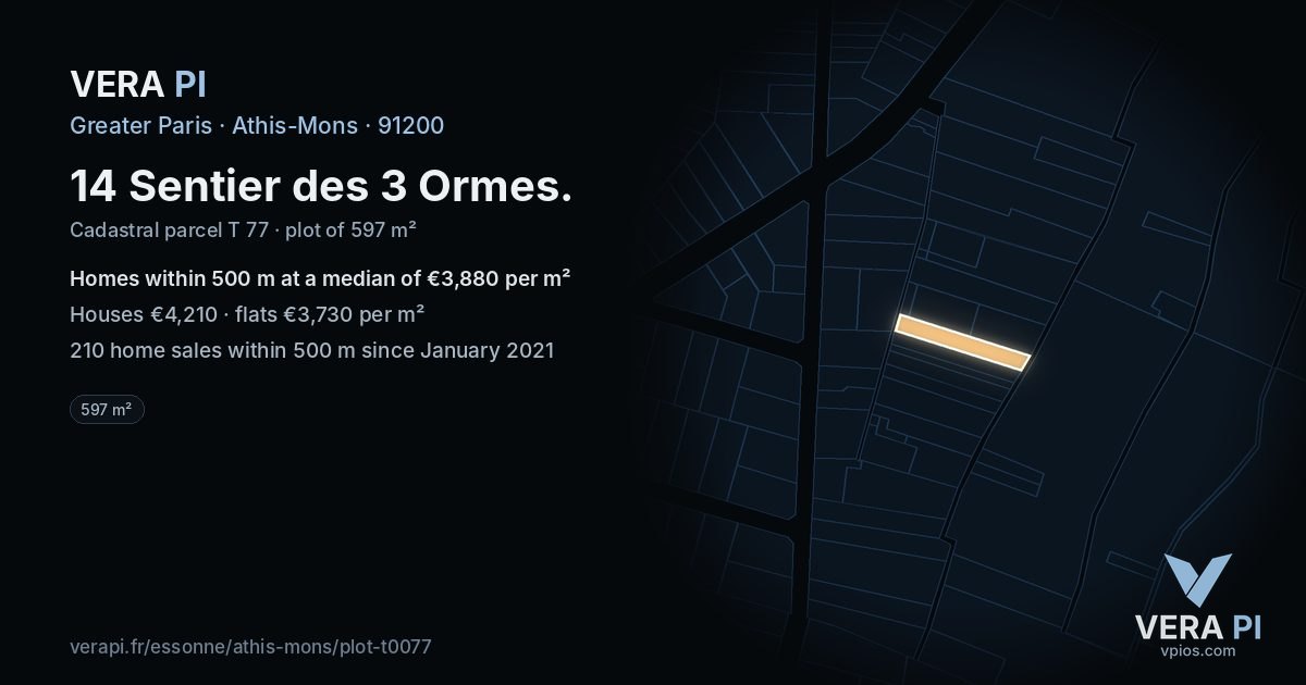 14 Sentier des 3 Ormes, Athis-Mons at night – the plot lit, the parcels around coloured by the prices near them