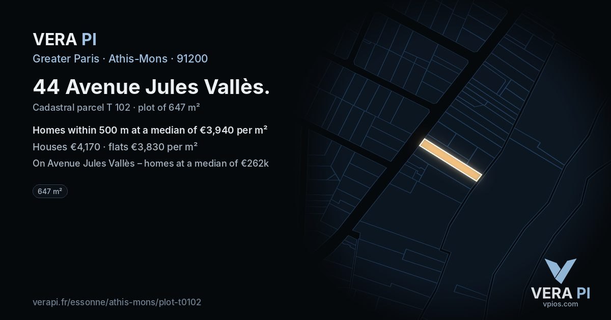 44 Avenue Jules Vallès, Athis-Mons at night – the plot lit, the parcels around coloured by the prices near them