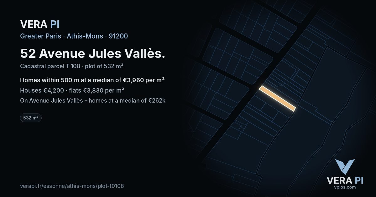 52 Avenue Jules Vallès, Athis-Mons at night – the plot lit, the parcels around coloured by the prices near them