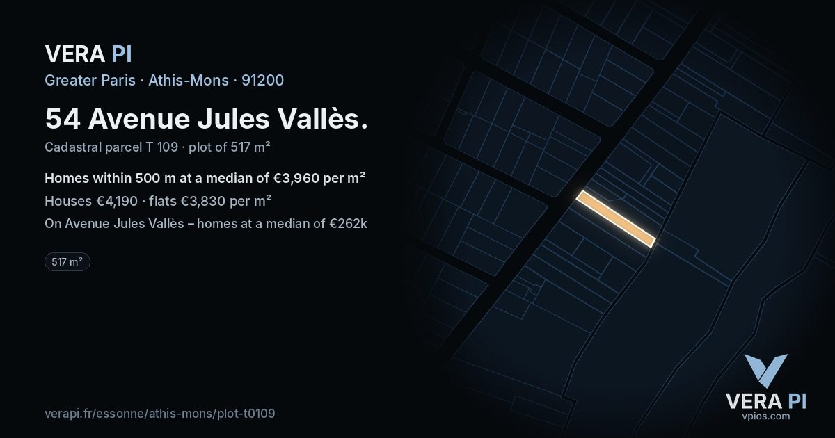 54 Avenue Jules Vallès, Athis-Mons at night – the plot lit, the parcels around coloured by the prices near them