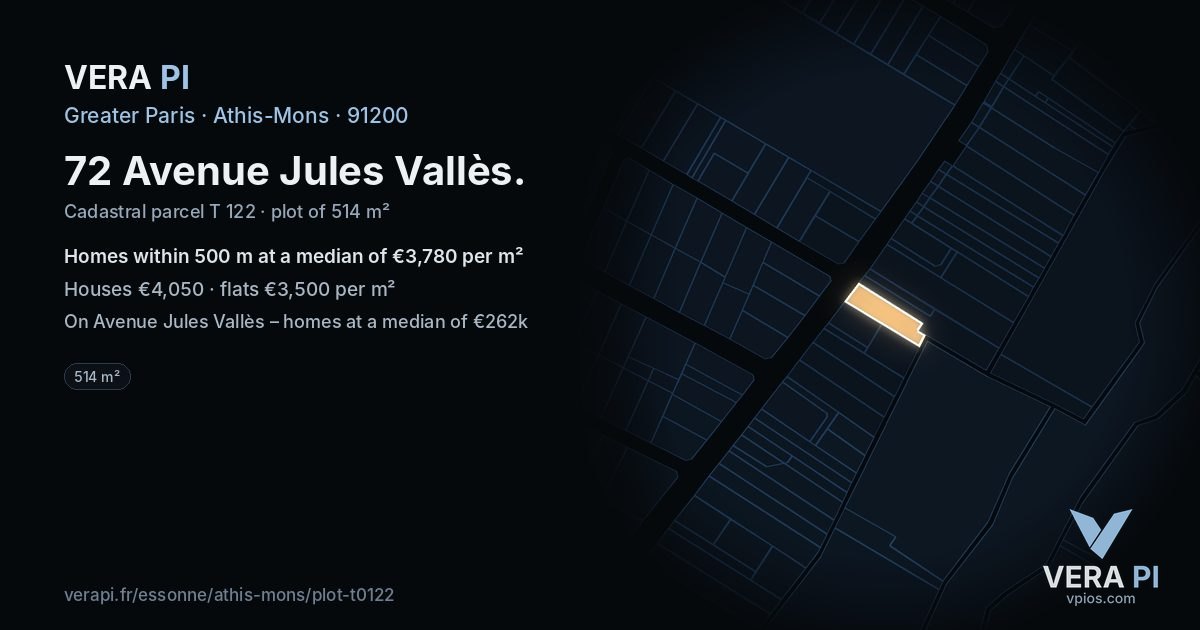 72 Avenue Jules Vallès, Athis-Mons at night – the plot lit, the parcels around coloured by the prices near them