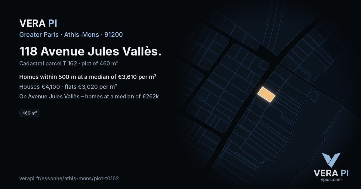 118 Avenue Jules Vallès, Athis-Mons at night – the plot lit, the parcels around coloured by the prices near them