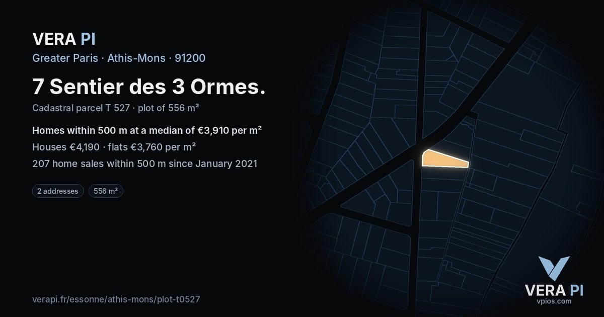 7 Sentier des 3 Ormes, Athis-Mons at night – the plot lit, the parcels around coloured by the prices near them