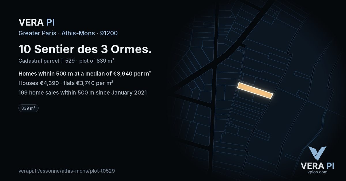 10 Sentier des 3 Ormes, Athis-Mons at night – the plot lit, the parcels around coloured by the prices near them