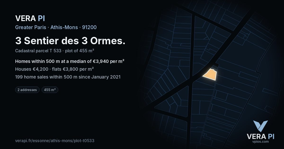 3 Sentier des 3 Ormes, Athis-Mons at night – the plot lit, the parcels around coloured by the prices near them