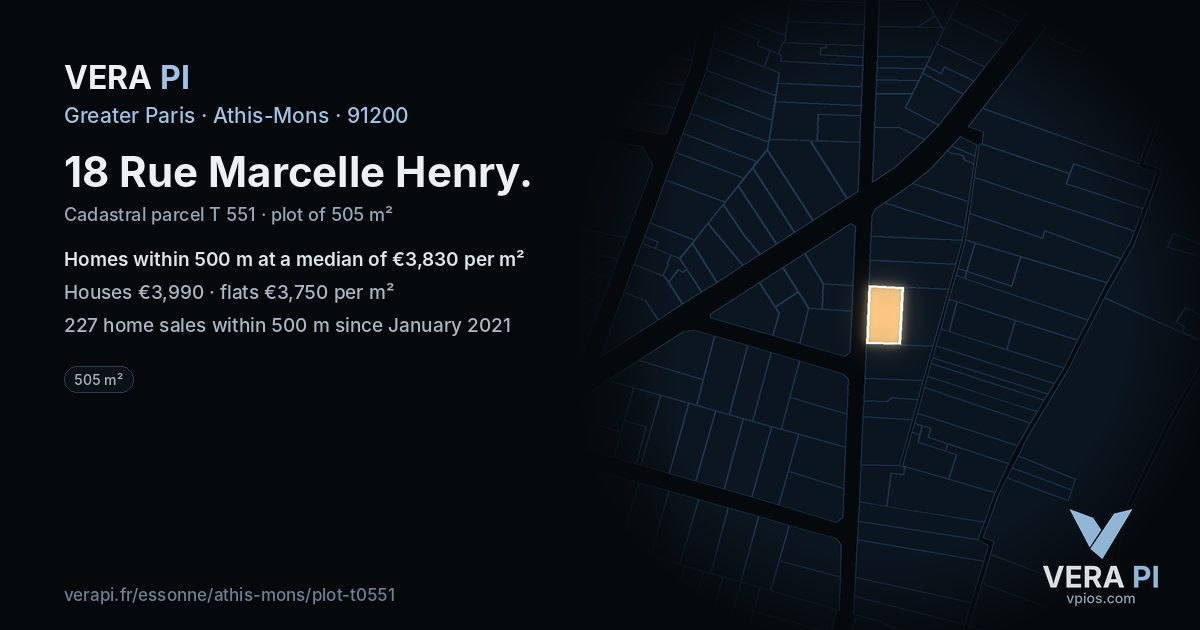 18 Rue Marcelle Henry, Athis-Mons at night – the plot lit, the parcels around coloured by the prices near them