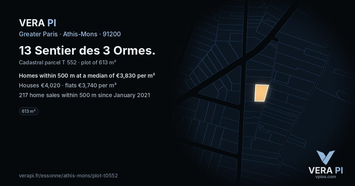 13 Sentier des 3 Ormes, Athis-Mons at night – the plot lit, the parcels around coloured by the prices near them