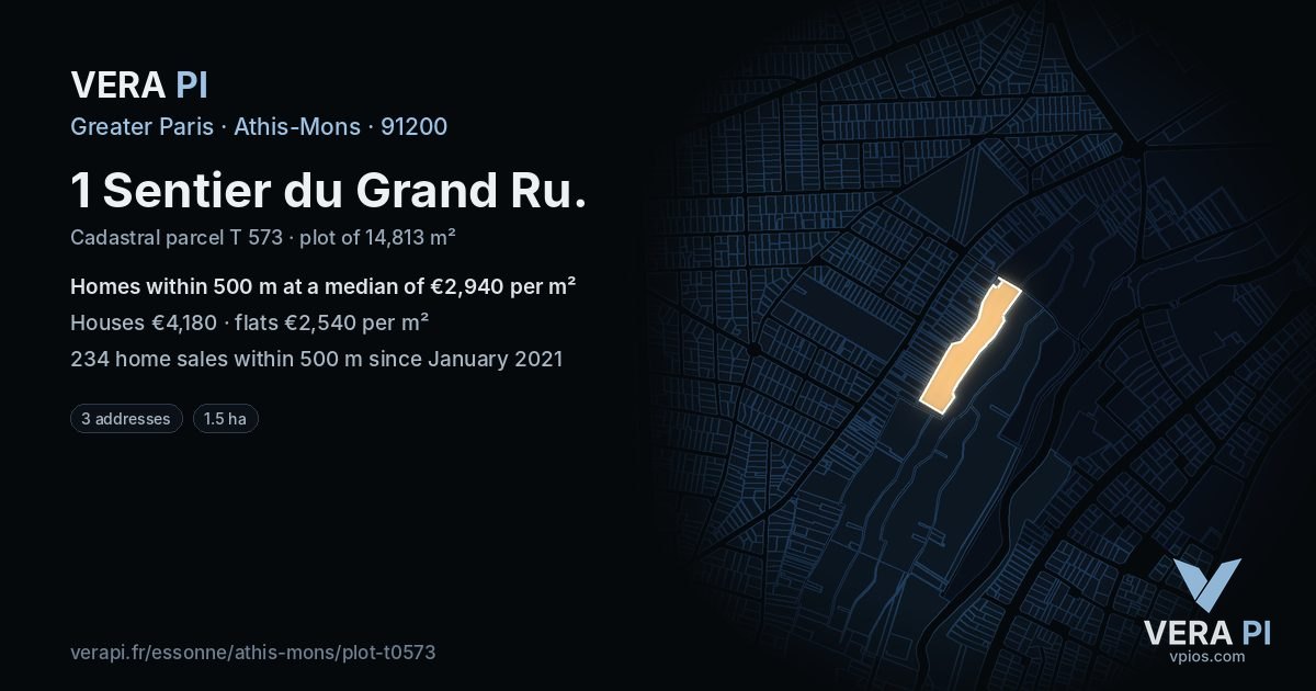 1 Sentier du Grand Ru, Athis-Mons at night – the plot lit, the parcels around coloured by the prices near them
