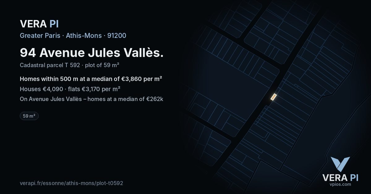 94 Avenue Jules Vallès, Athis-Mons at night – the plot lit, the parcels around coloured by the prices near them