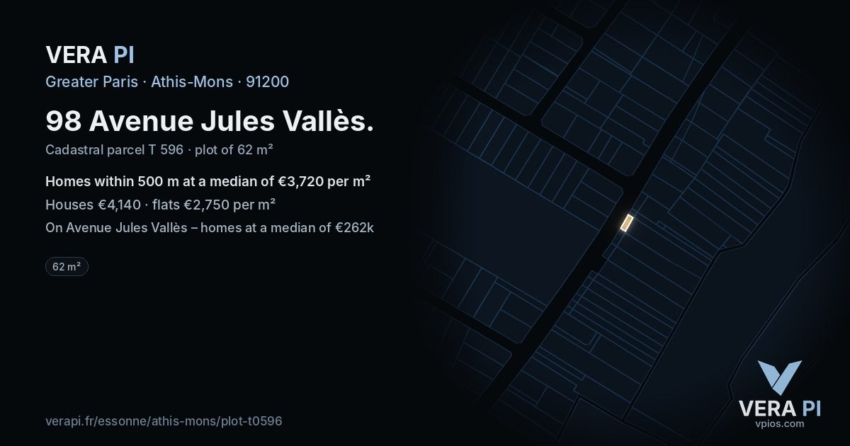 98 Avenue Jules Vallès, Athis-Mons at night – the plot lit, the parcels around coloured by the prices near them