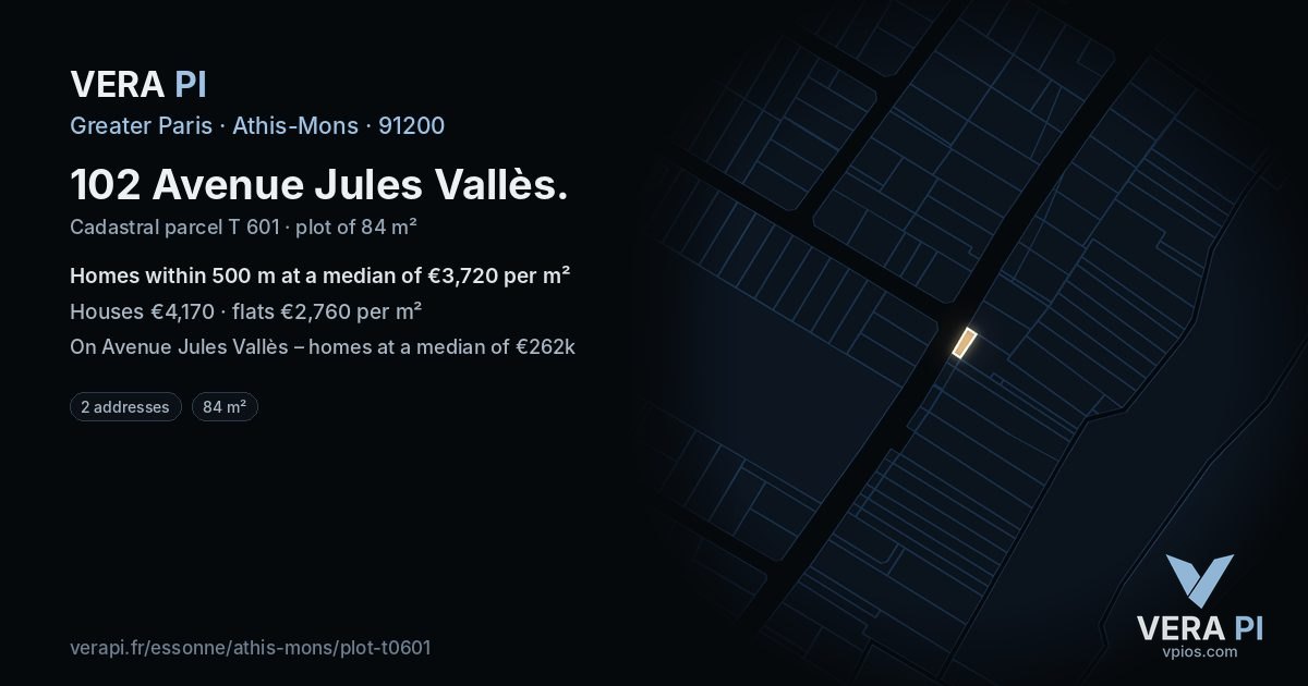 102 Avenue Jules Vallès, Athis-Mons at night – the plot lit, the parcels around coloured by the prices near them