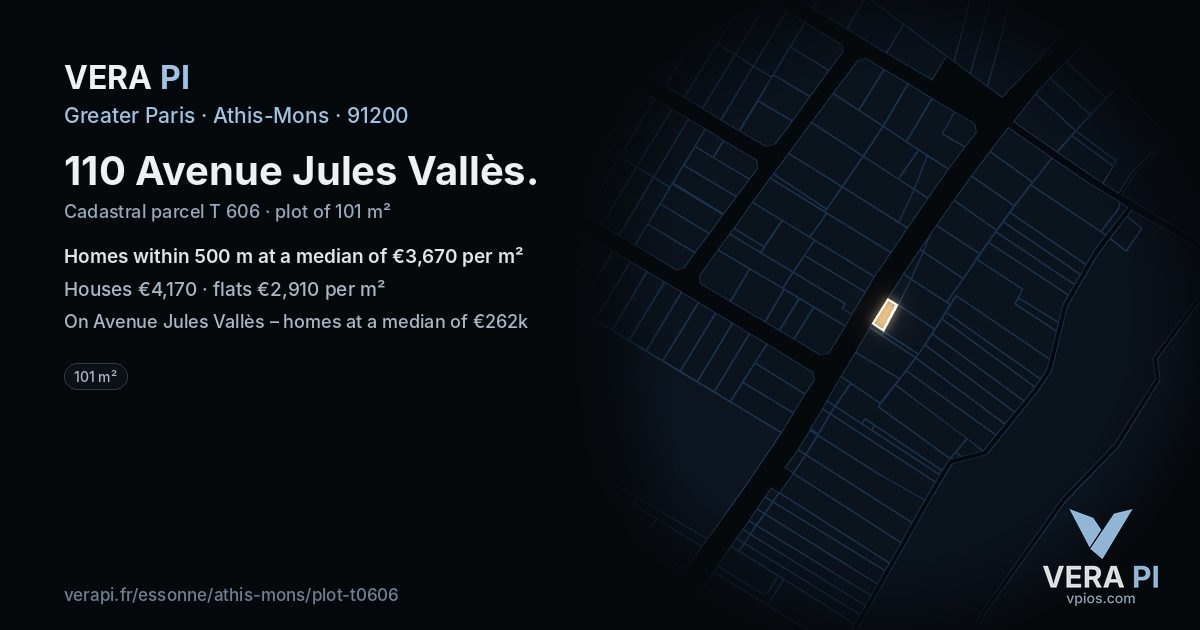 110 Avenue Jules Vallès, Athis-Mons at night – the plot lit, the parcels around coloured by the prices near them