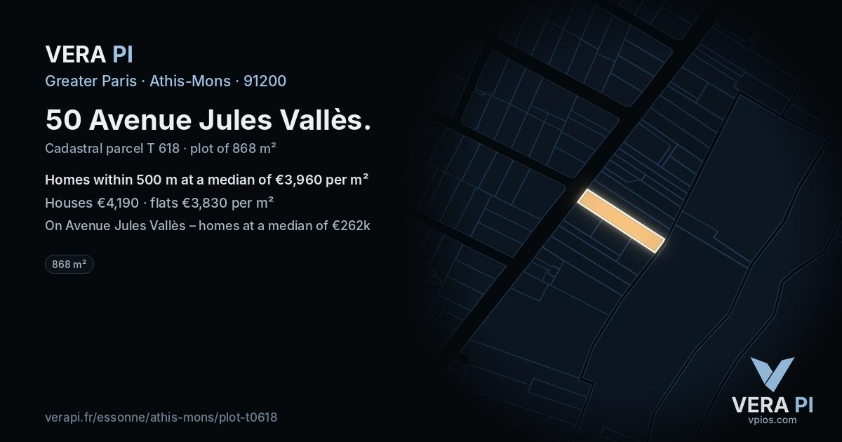 50 Avenue Jules Vallès, Athis-Mons at night – the plot lit, the parcels around coloured by the prices near them