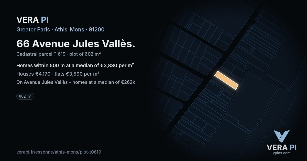 66 Avenue Jules Vallès, Athis-Mons at night – the plot lit, the parcels around coloured by the prices near them