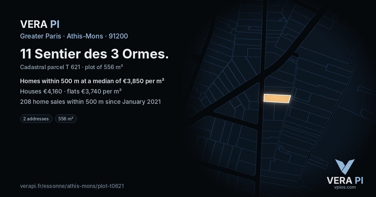 11 Sentier des 3 Ormes, Athis-Mons at night – the plot lit, the parcels around coloured by the prices near them