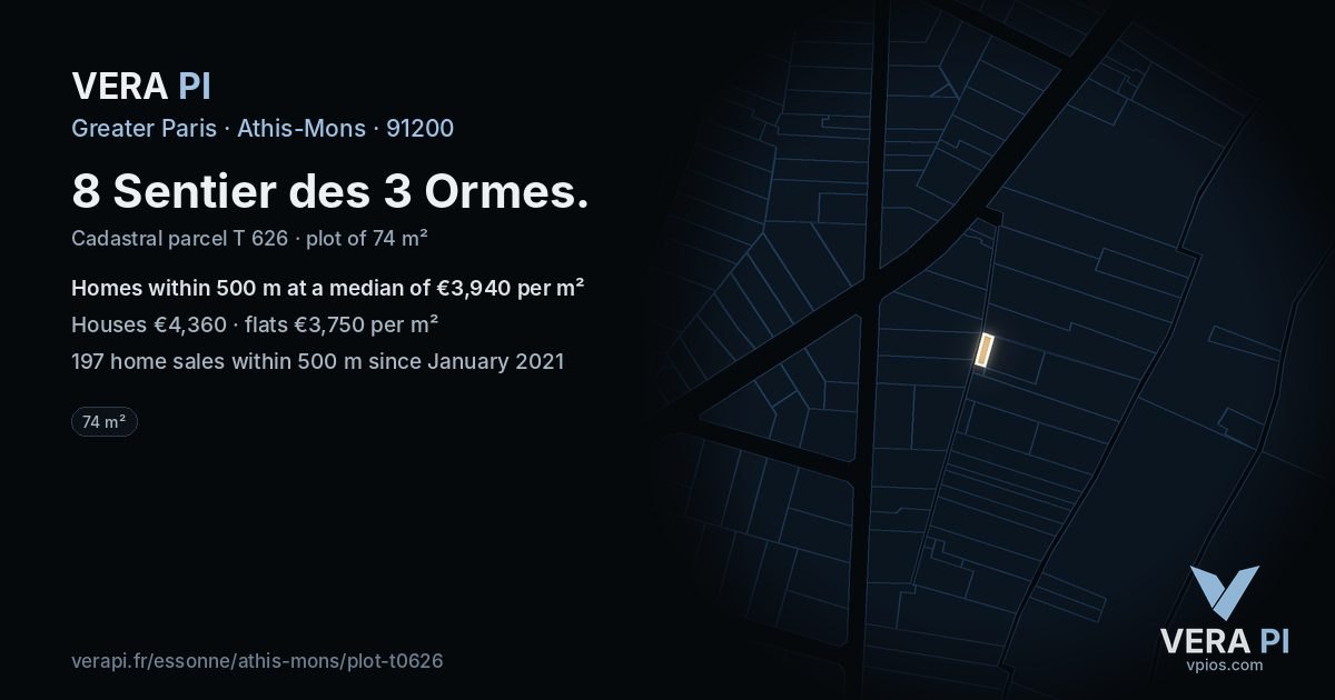 8 Sentier des 3 Ormes, Athis-Mons at night – the plot lit, the parcels around coloured by the prices near them