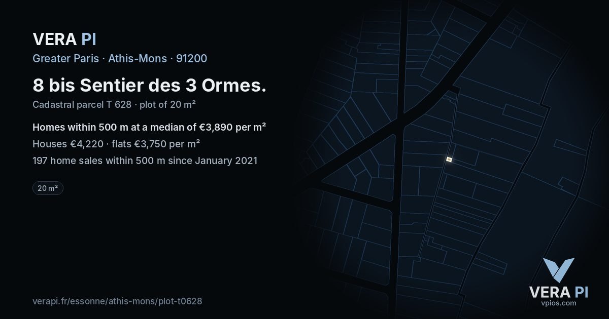 8 bis Sentier des 3 Ormes, Athis-Mons at night – the plot lit, the parcels around coloured by the prices near them
