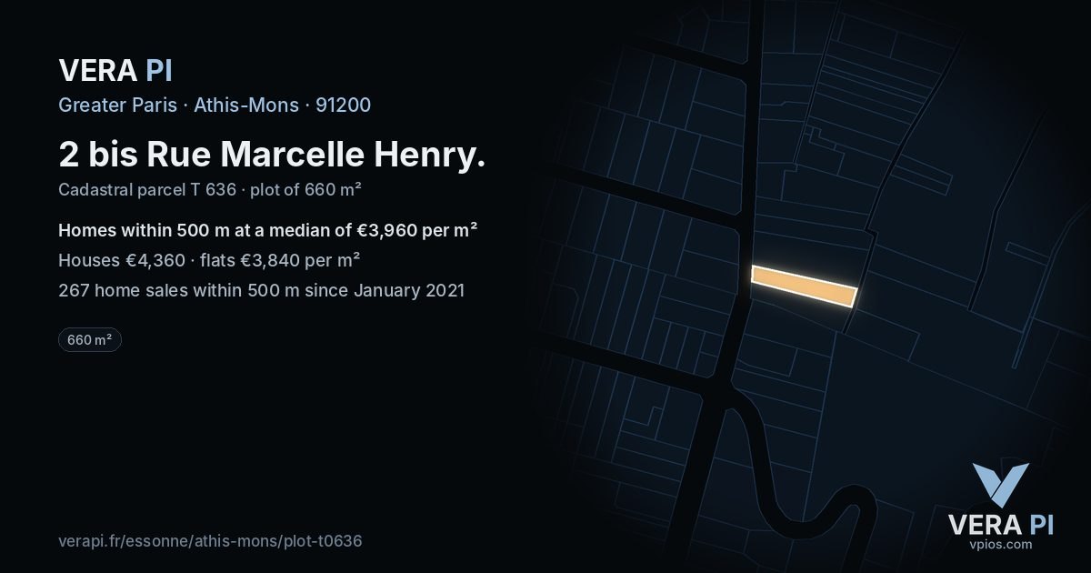2 bis Rue Marcelle Henry, Athis-Mons at night – the plot lit, the parcels around coloured by the prices near them