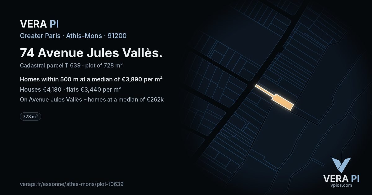 74 Avenue Jules Vallès, Athis-Mons at night – the plot lit, the parcels around coloured by the prices near them