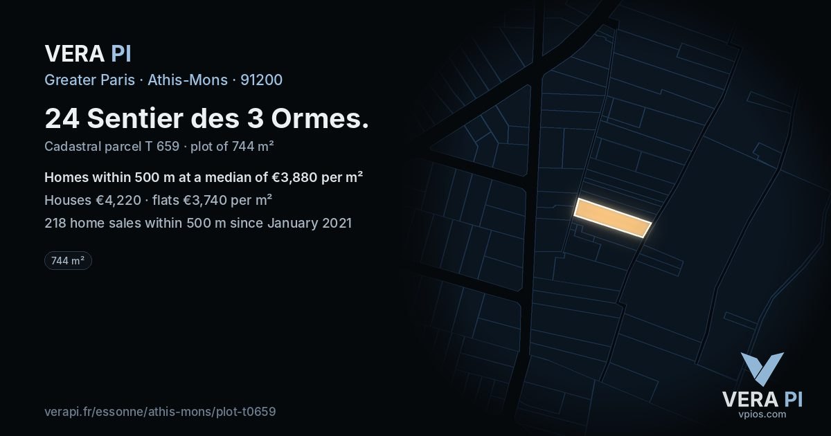 24 Sentier des 3 Ormes, Athis-Mons at night – the plot lit, the parcels around coloured by the prices near them
