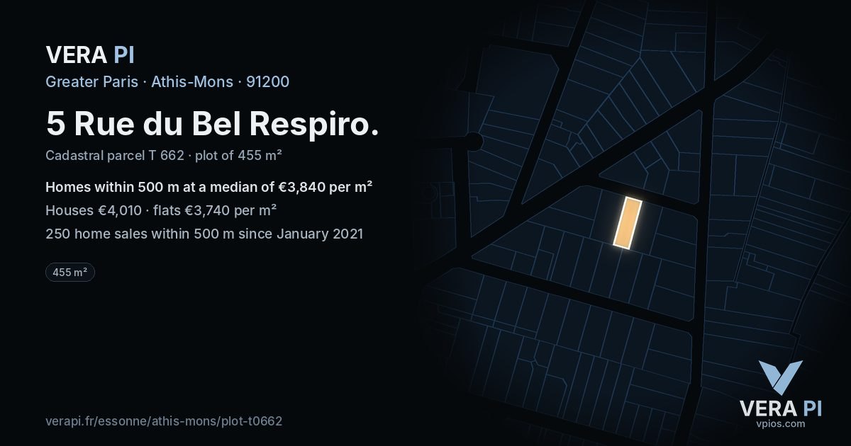 5 Rue du Bel Respiro, Athis-Mons at night – the plot lit, the parcels around coloured by the prices near them