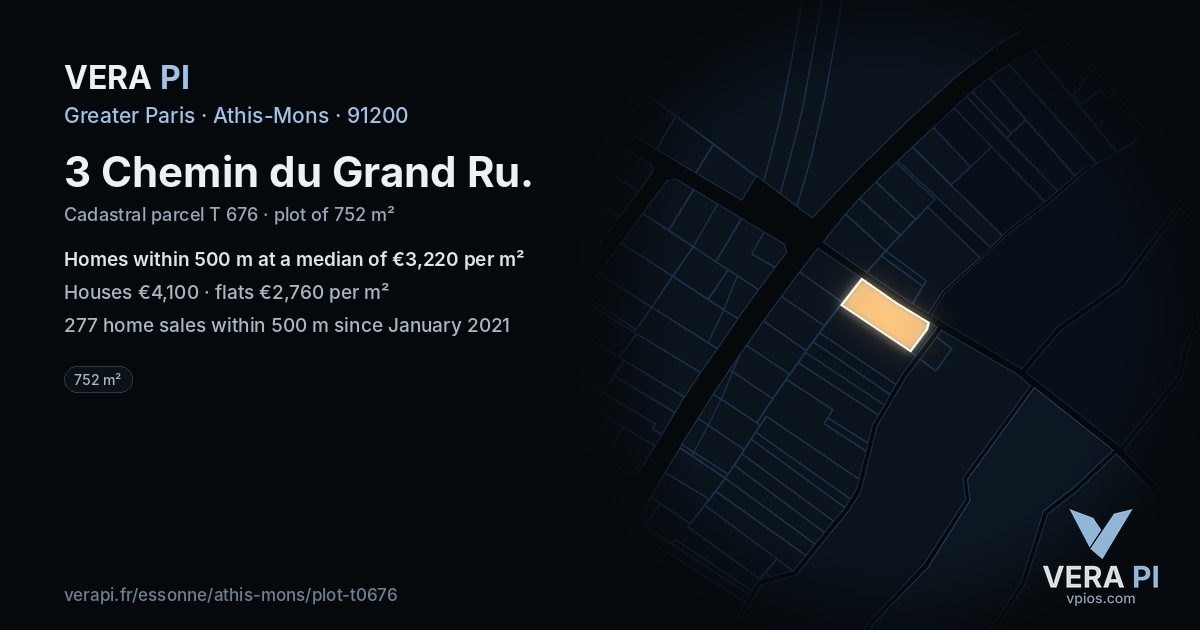 3 Chemin du Grand Ru, Athis-Mons at night – the plot lit, the parcels around coloured by the prices near them