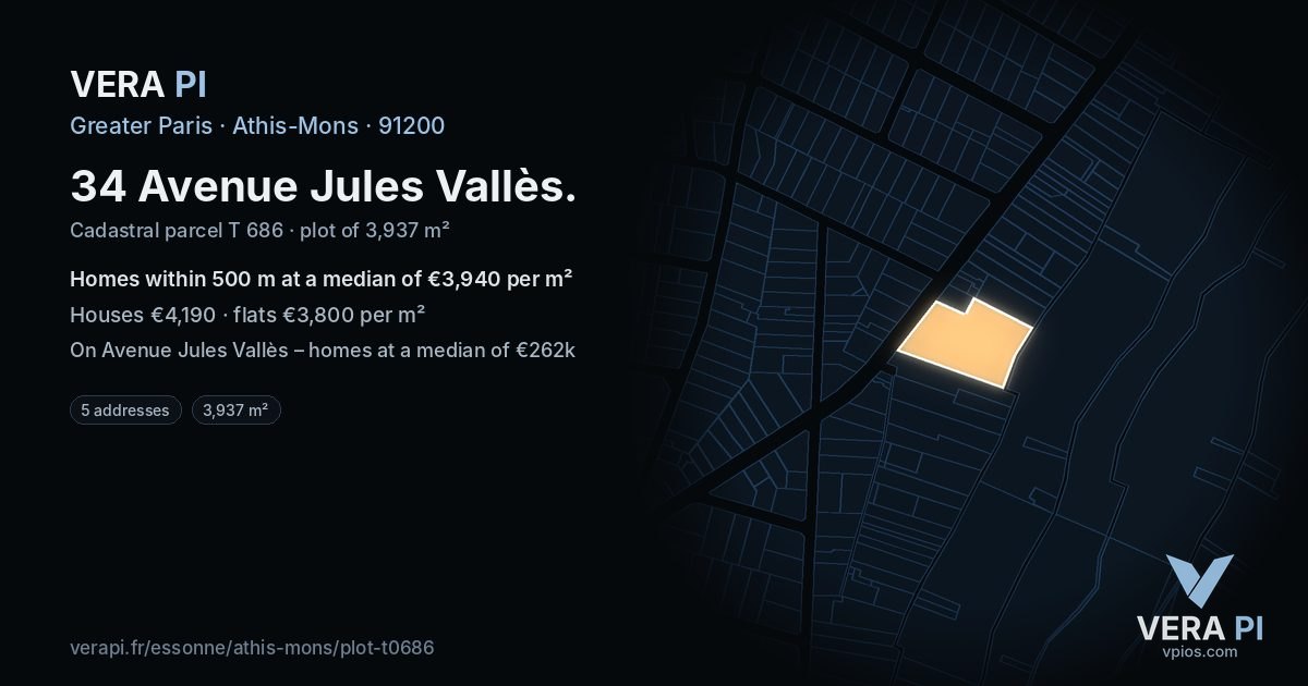 34 Avenue Jules Vallès, Athis-Mons at night – the plot lit, the parcels around coloured by the prices near them