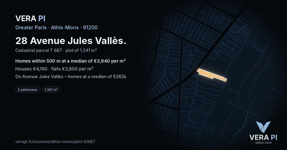 28 Avenue Jules Vallès, Athis-Mons at night – the plot lit, the parcels around coloured by the prices near them