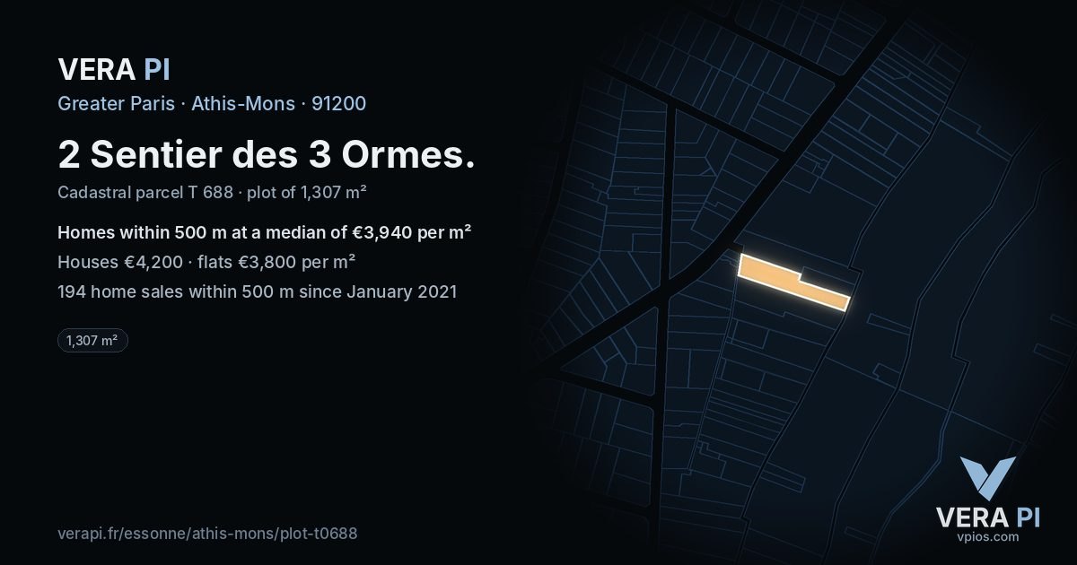 2 Sentier des 3 Ormes, Athis-Mons at night – the plot lit, the parcels around coloured by the prices near them