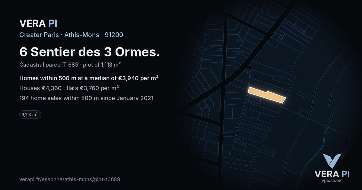 6 Sentier des 3 Ormes, Athis-Mons at night – the plot lit, the parcels around coloured by the prices near them