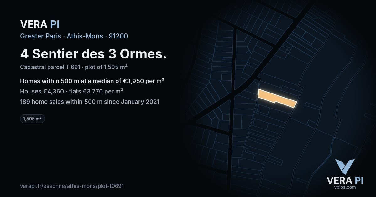 4 Sentier des 3 Ormes, Athis-Mons at night – the plot lit, the parcels around coloured by the prices near them