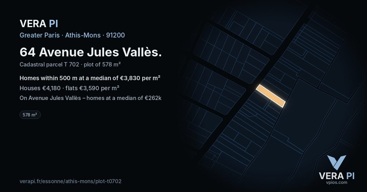 64 Avenue Jules Vallès, Athis-Mons at night – the plot lit, the parcels around coloured by the prices near them