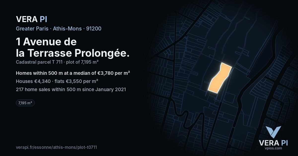 1 Avenue de la Terrasse Prolongée, Athis-Mons at night – the plot lit, the parcels around coloured by the prices near them