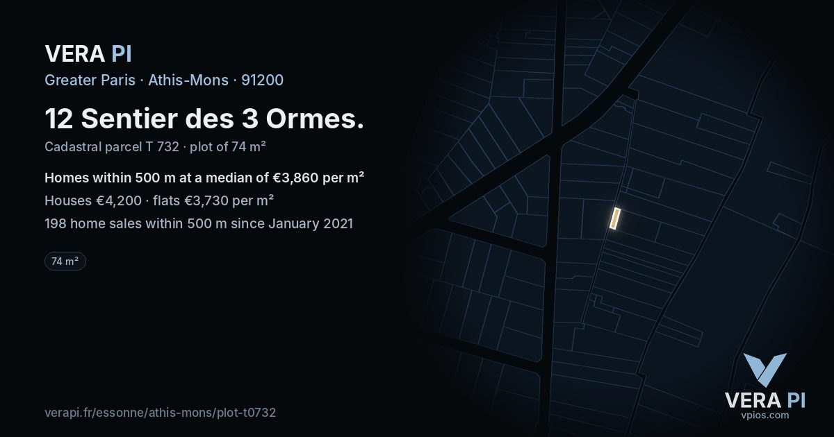 12 Sentier des 3 Ormes, Athis-Mons at night – the plot lit, the parcels around coloured by the prices near them