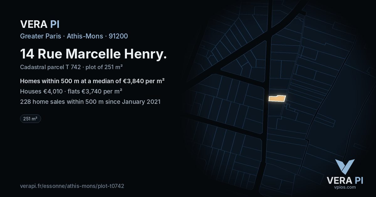 14 Rue Marcelle Henry, Athis-Mons at night – the plot lit, the parcels around coloured by the prices near them