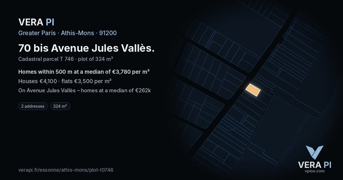 70 bis Avenue Jules Vallès, Athis-Mons at night – the plot lit, the parcels around coloured by the prices near them