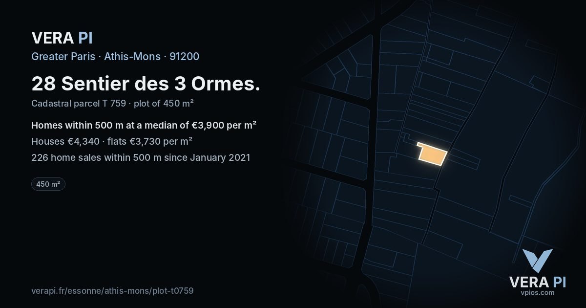 28 Sentier des 3 Ormes, Athis-Mons at night – the plot lit, the parcels around coloured by the prices near them