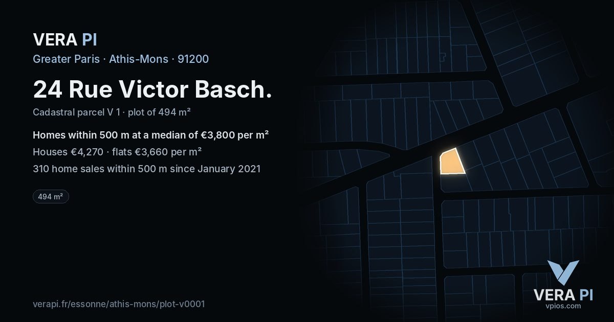 24 Rue Victor Basch, Athis-Mons at night – the plot lit, the parcels around coloured by the prices near them