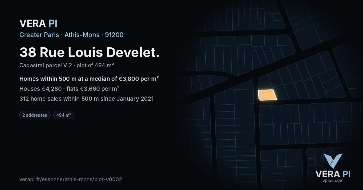 38 Rue Louis Develet, Athis-Mons at night – the plot lit, the parcels around coloured by the prices near them