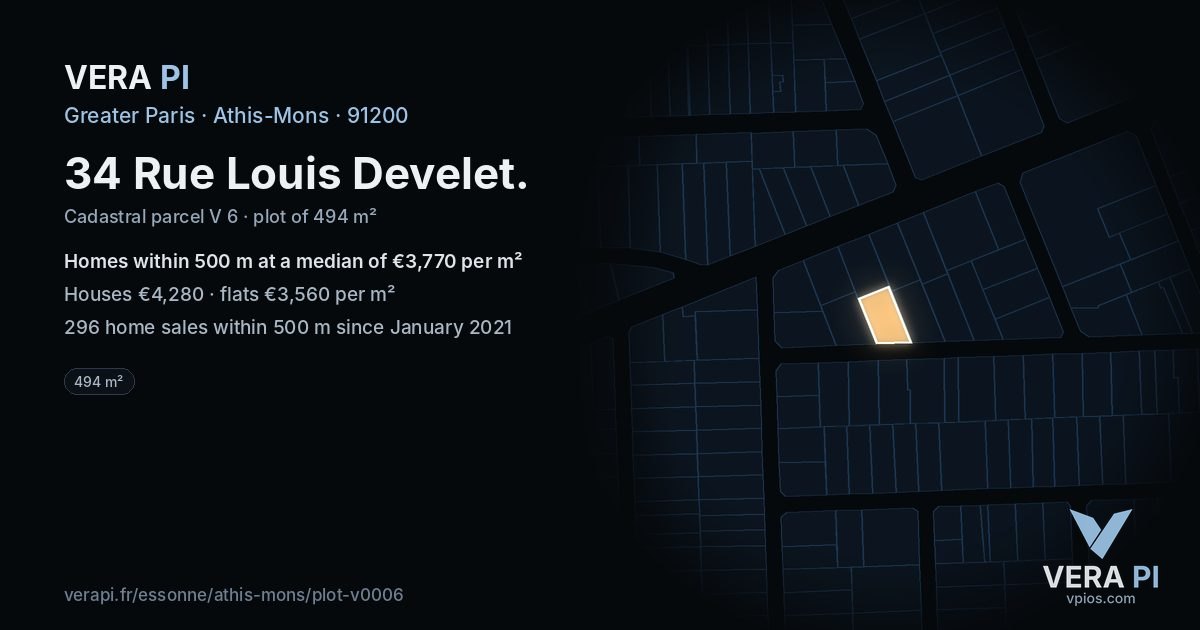 34 Rue Louis Develet, Athis-Mons at night – the plot lit, the parcels around coloured by the prices near them