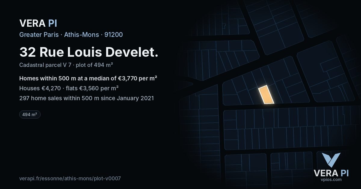 32 Rue Louis Develet, Athis-Mons at night – the plot lit, the parcels around coloured by the prices near them