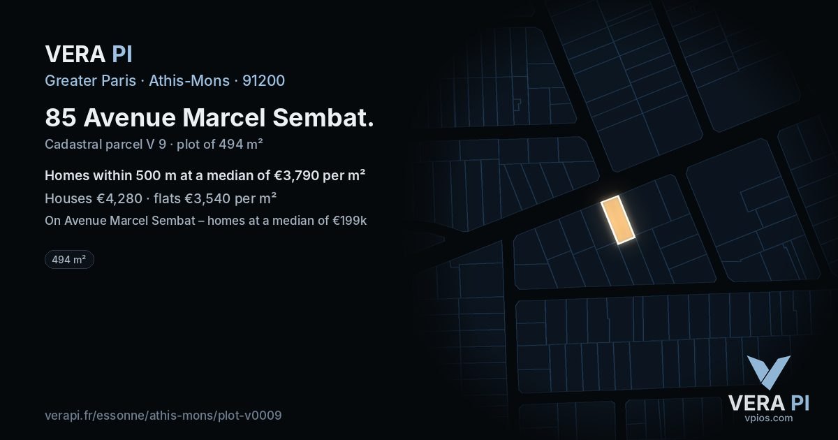 85 Avenue Marcel Sembat, Athis-Mons at night – the plot lit, the parcels around coloured by the prices near them