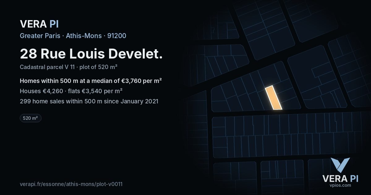 28 Rue Louis Develet, Athis-Mons at night – the plot lit, the parcels around coloured by the prices near them